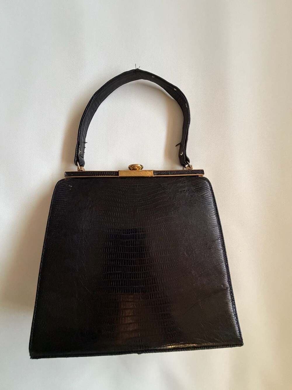 Vintage 1950s Black Top Handle Kiss Lock Handbag Purse Gold Hardware